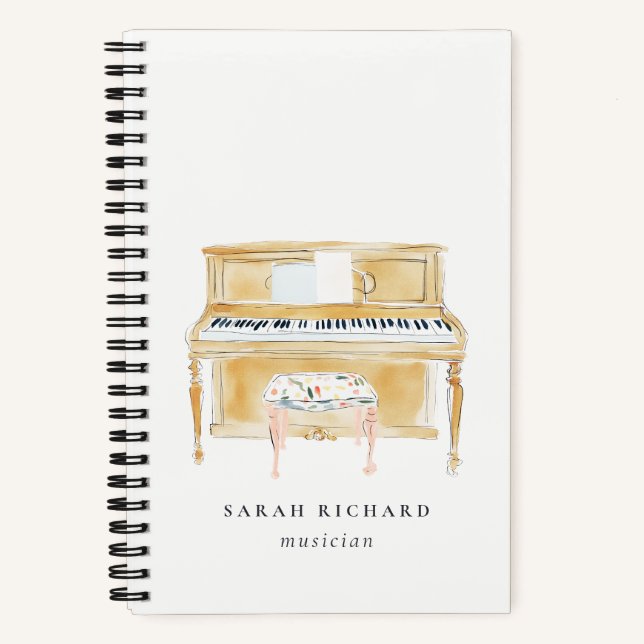 Elegant Watercolor Piano Musician Music Teacher Notebook (Front)