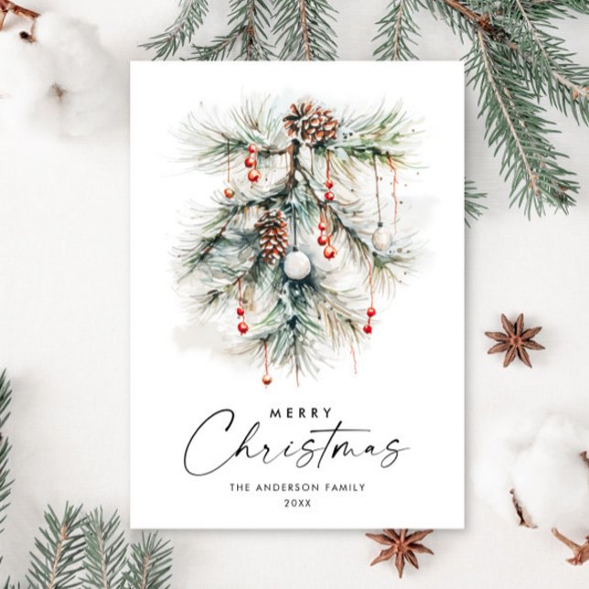 Elegant Watercolor Pine Cones Branch Christmas Holiday Card (Creator Uploaded)