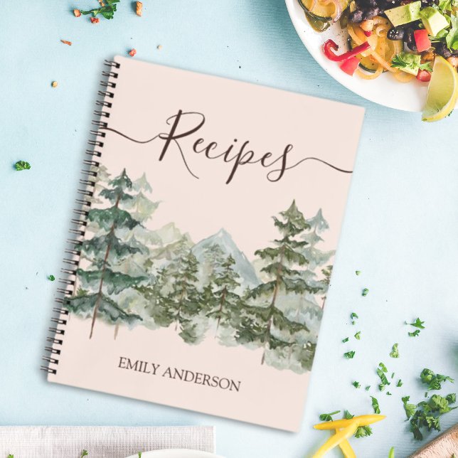 Elegant Watercolor Pine Forest and mountain Recipe Notebook (In situ kitchen)