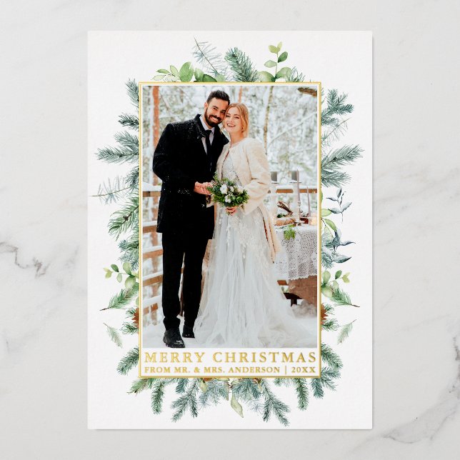 Elegant Watercolor Pine Frame Newlyweds Gold  (Front)