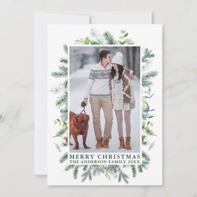 Elegant Watercolor Pine Frame Photo Green Holiday Card (Front)
