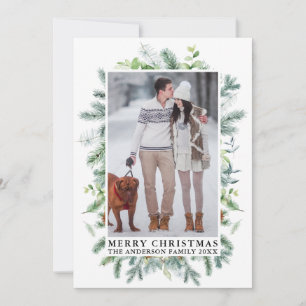 Elegant Watercolor Pine Frame Photo Holiday Card