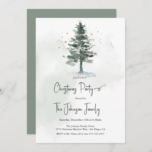 Elegant Watercolor Pine Tree Chic Christmas Party Invitation (Front/Back)
