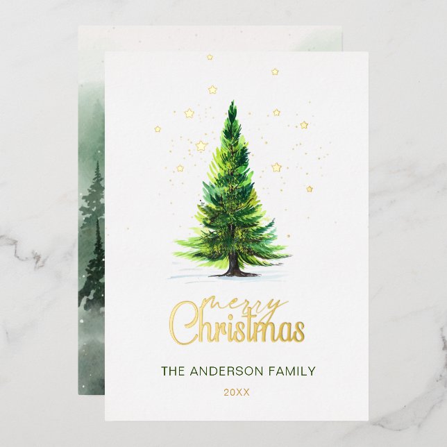 Elegant Watercolor Pine Tree Christmas Greeting  (Front/Back)