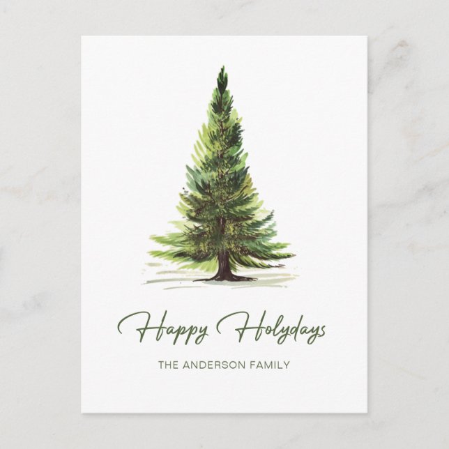 Elegant Watercolor Pine Tree Christmas Greeting Postcard (Front)