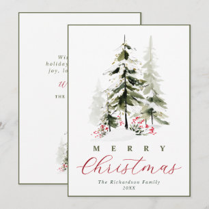 Elegant Watercolor Pine Trees Christmas Holiday Card