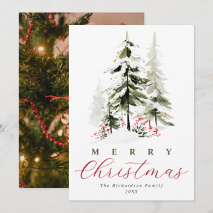 Elegant Watercolor Pine Trees Christmas & Photo Holiday Card