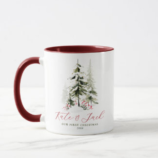 Elegant Watercolor Pine Trees Our First Christmas Mug