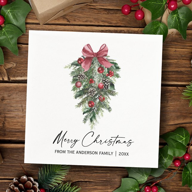 Elegant Watercolor Pines Calligraphy Ink Christmas Napkin (Customize to change your personalized text size or text style.)