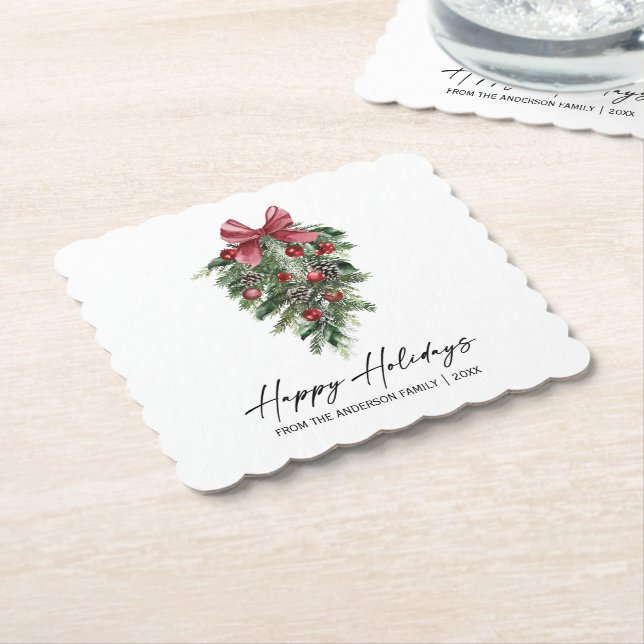 Elegant Watercolor Pines Calligraphy Ink Holiday Paper Coaster (Angled)