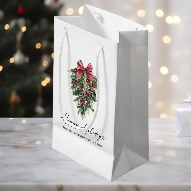 Elegant Watercolor Pines Calligraphy Ink Holiday Small Gift Bag (Customize to change your personalized text size or text style.)