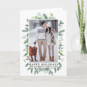 Elegant Watercolor Pines Frame Photo Folded Holiday Card