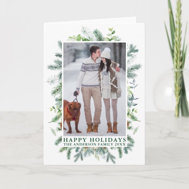 Elegant Watercolor Pines Frame Photo Green Folded Holiday Card (Front)