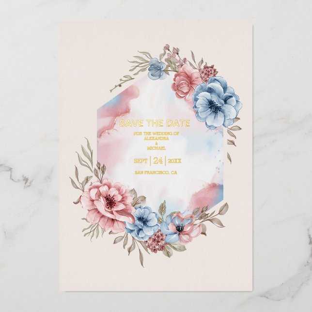 Elegant Watercolor Pink and Blue Florals Wedding (Front)