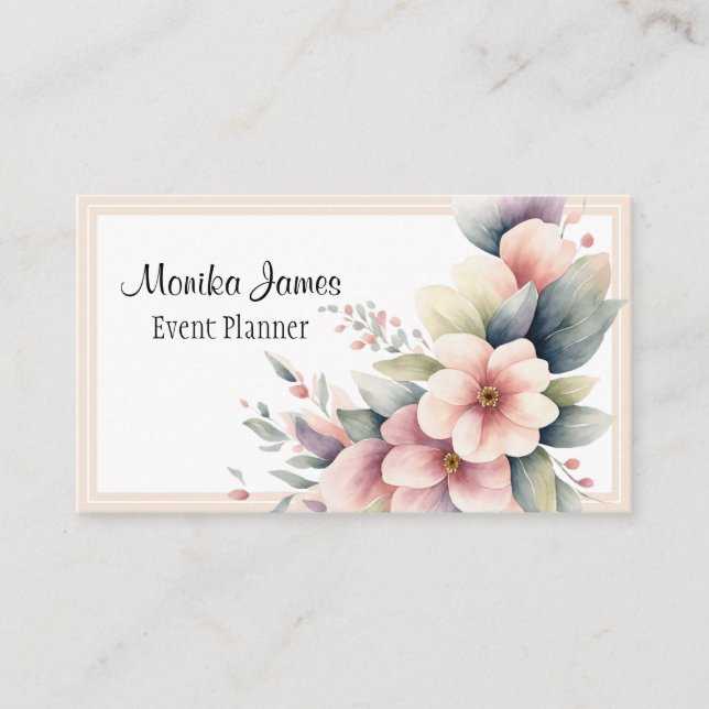 Elegant Watercolor Pink and Blush Floral  Business Card (Front)
