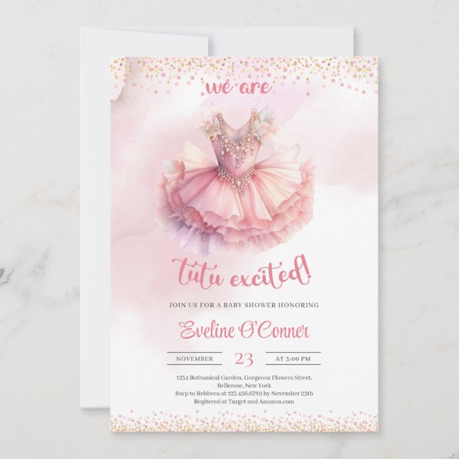 Elegant watercolor pink and gold tutu dress invitation (Front)