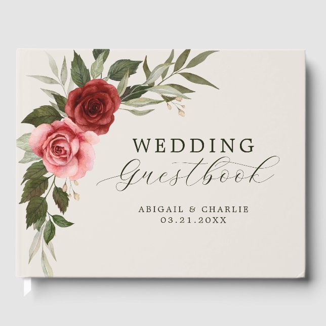 Elegant Watercolor Pink and Red Roses Wedding Guest Book (Front)