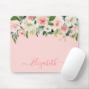 Elegant Watercolor Pink Blush Floral Trendy Script Mouse Pad