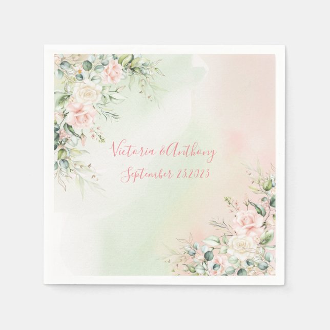 Elegant Watercolor Pink Blush Floral Wedding Napkin (Front)