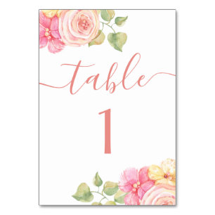 Elegant watercolor pink blush floral wedding table number