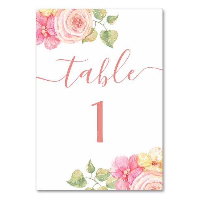 Elegant watercolor pink blush floral wedding table number (Front)