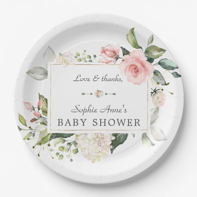 Elegant Watercolor Pink Blush Flowers Baby Shower Paper Plate (Front)