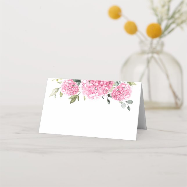Elegant Watercolor Pink Blush Hydrangea Wedding Place Card (Front)