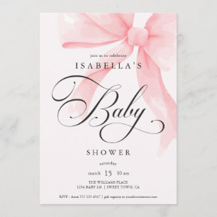 Elegant Watercolor Pink Bow Baby Shower Invitation