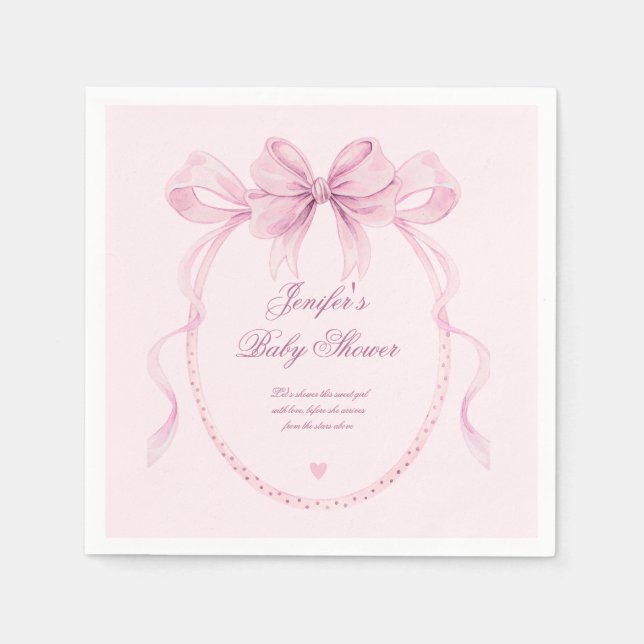 Elegant Watercolor Pink Bow Baby Shower Party  Napkin (Front)