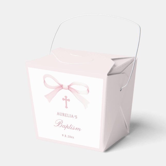 Elegant Watercolor Pink Bow Baptism Take Out Favour Box (Front Side)
