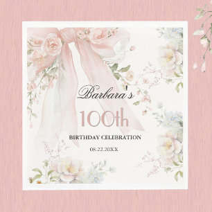 Elegant Watercolor Pink Bow Floral 100th Birthday Napkin