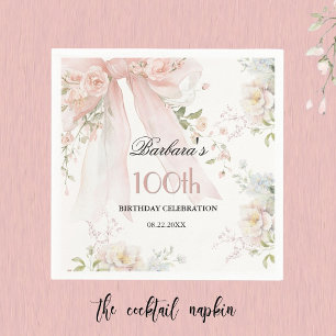 Elegant Watercolor Pink Bow Floral 100th Birthday Napkin