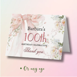 Elegant Watercolor Pink Bow Floral 100th Birthday Thank You Card