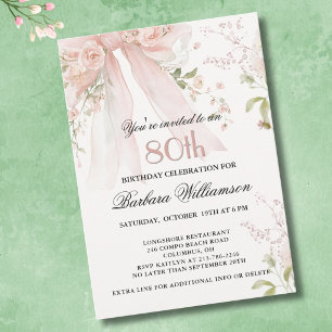 Elegant Watercolor Pink Bow Floral 80th Birthday Invitation