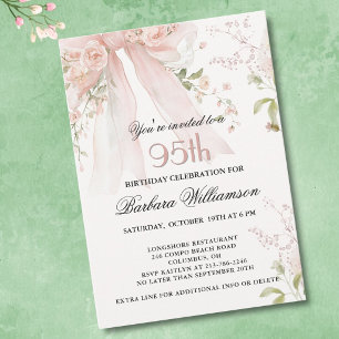 Elegant Watercolor Pink Bow Floral 95th Birthday Invitation
