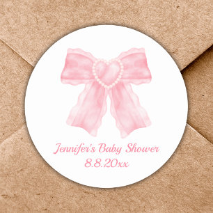 elegant watercolor pink bow girl baby shower cute classic round sticker