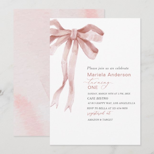Elegant  Watercolor Pink Bow Girl Baby Shower Invi Invitation (Front/Back)
