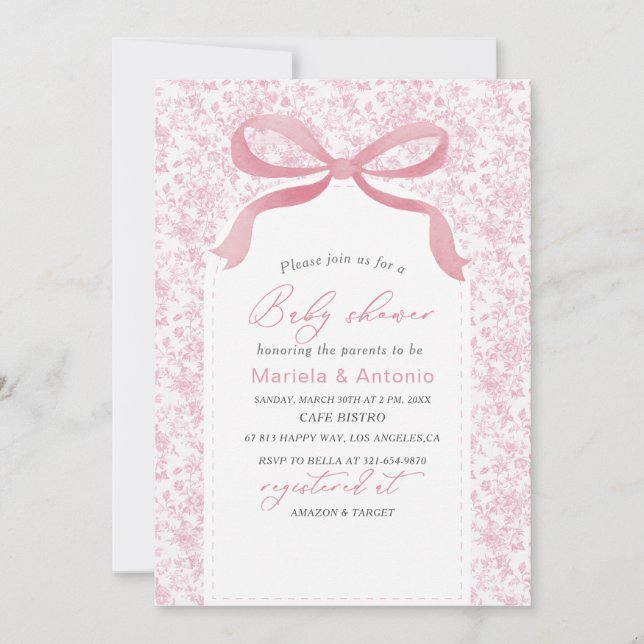 Elegant  Watercolor Pink Bow Girl Baby Shower Invi Invitation (Front)