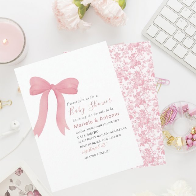Elegant  Watercolor Pink Bow Girl Baby Shower Invitation (Creator Uploaded)