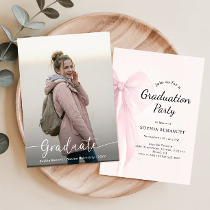 Elegant Watercolor Pink Bow Photo Graduation Invitation