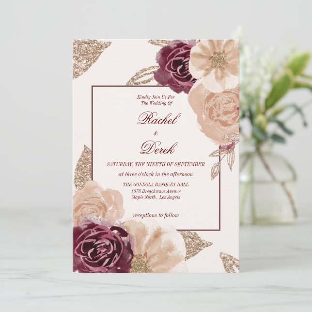 Elegant Watercolor Pink Burgundy Floral Wedding  Invitation (Standing Front)