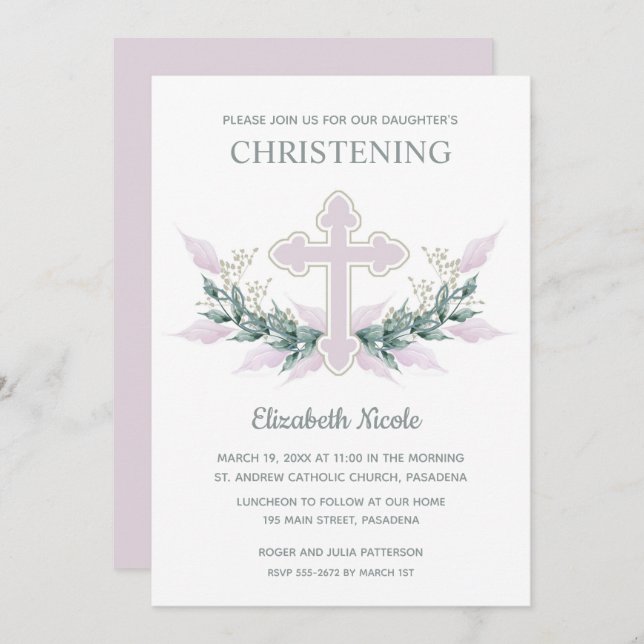 Elegant Watercolor Pink Christening Invitation (Front/Back)