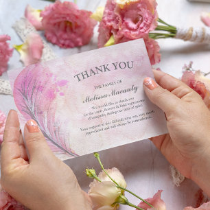 Elegant Watercolor Pink Feather Funeral Memorial Thank You Card