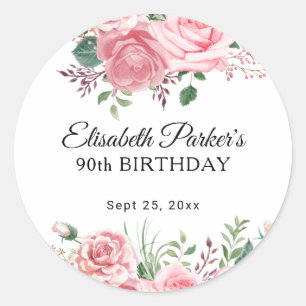 Elegant watercolor pink floral 90th birthday favou classic round sticker