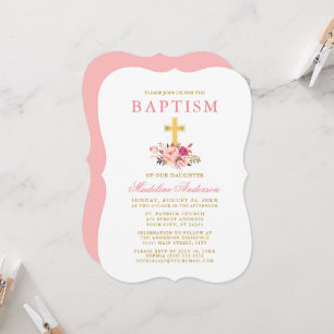 Elegant Watercolor Pink Floral Baptism Gold Invitation