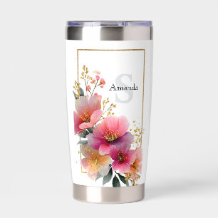 Elegant Watercolor Pink Floral Border with Gold Insulated Tumbler
