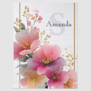 Elegant Watercolor Pink Floral Border with Gold Tissue Paper