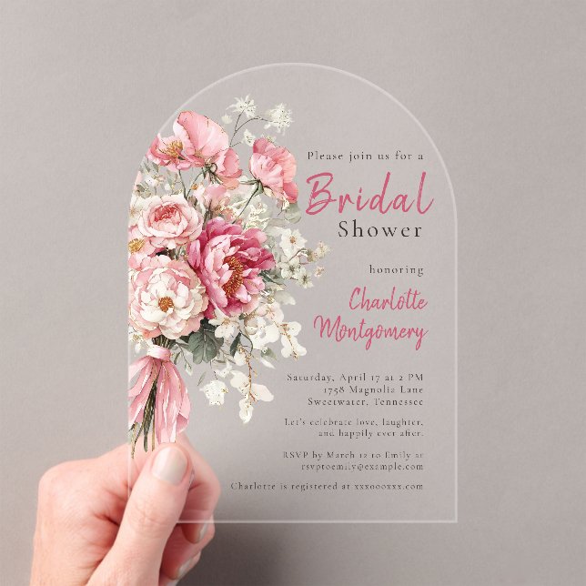 Elegant Watercolor Pink Floral Bridal Shower  Acrylic Invitations (Insitu (Handheld))
