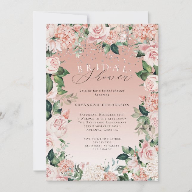 Elegant Watercolor Pink Floral Bridal Shower Invitation (Front)
