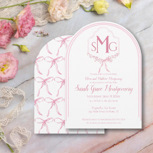 Elegant Watercolor Pink Floral Crest with Bows  Invitation